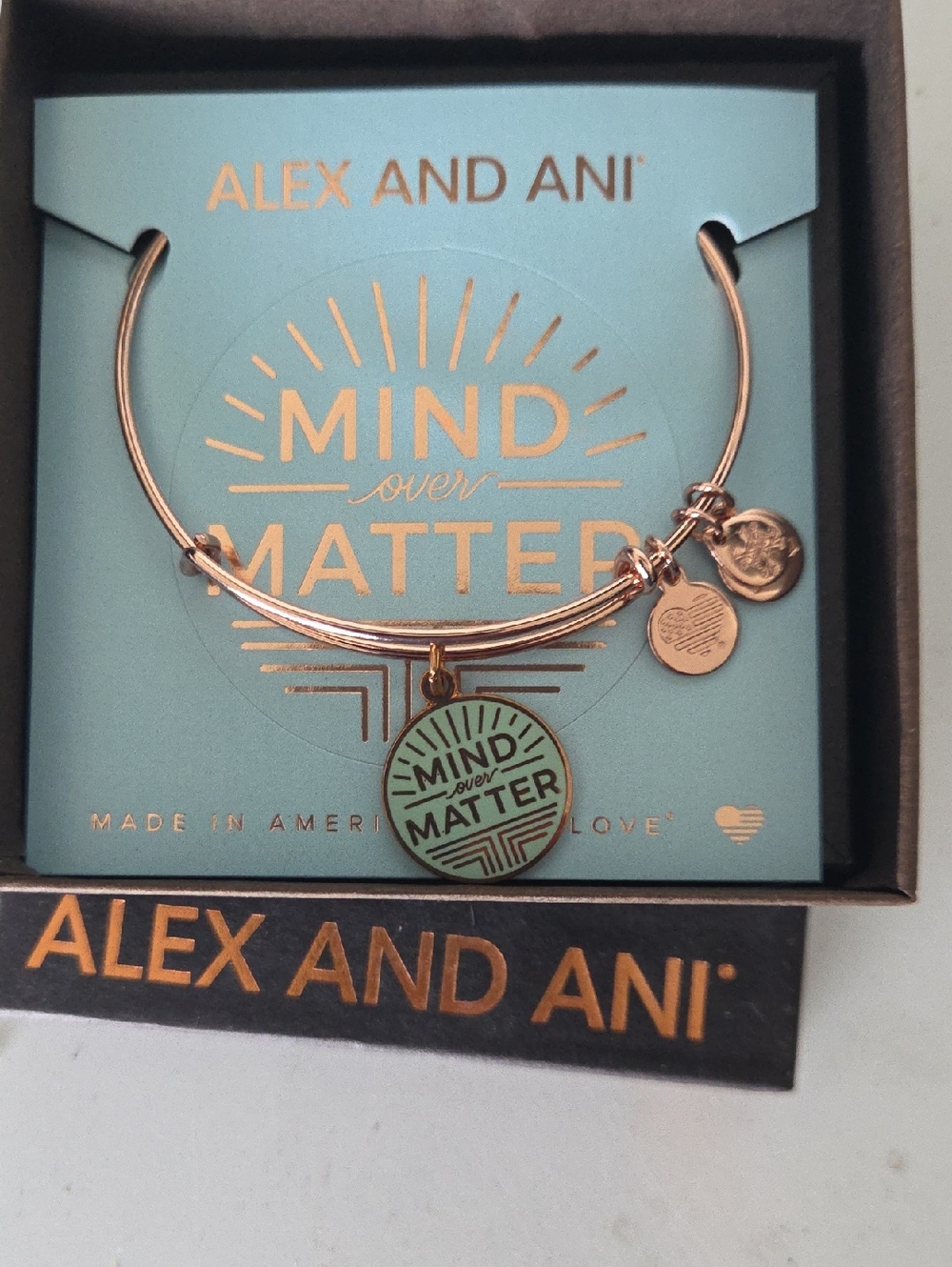Alex and Ani Rose Gold Bracelet with Mint Green 'Mind Over Matter' Charm